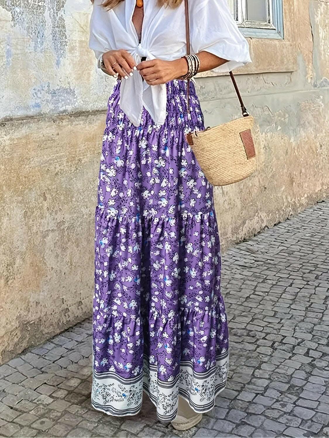 Floral midi skirt with elastic waist - Love Salve